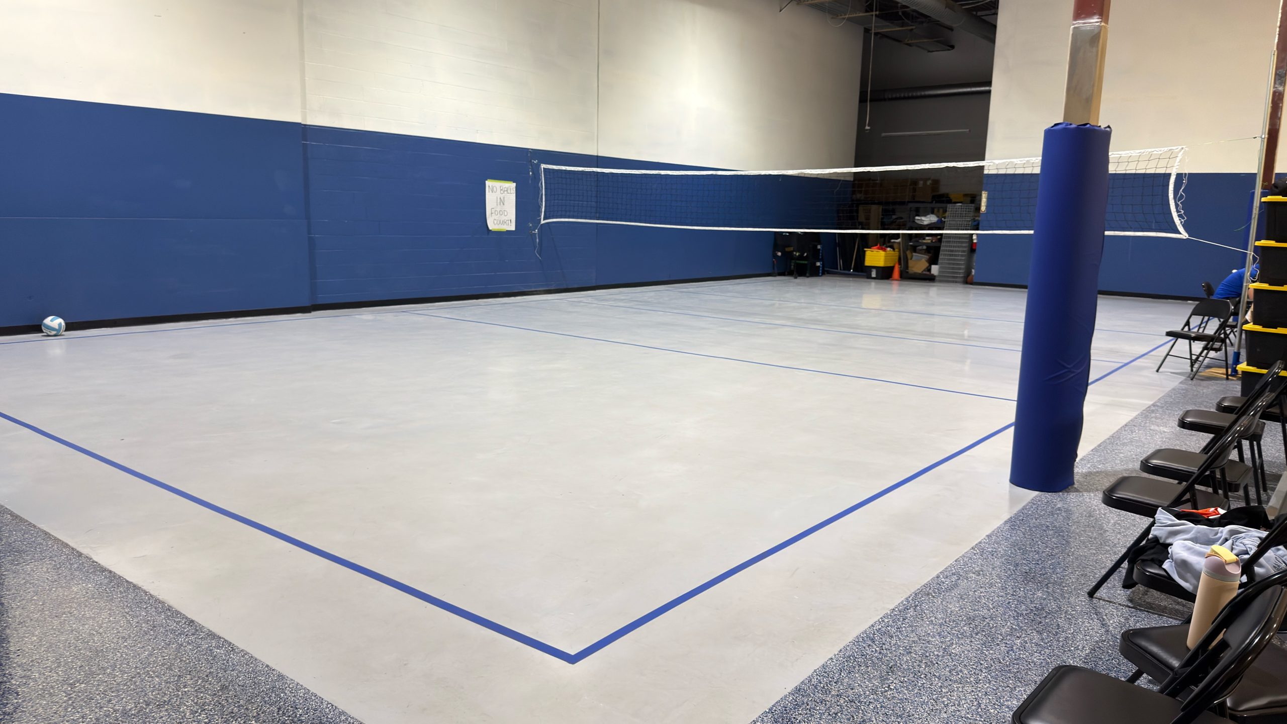 The cement skills court at Blitz Sports Center, used for pickleball, basketball, and volleyball skills work